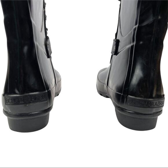 BCBGMAXAZRIA Women's Black Willis Lace Up Rubber Boots Leather Straps Size 6 - Picture 4 of 16